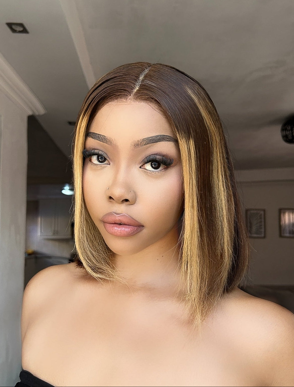 Peruvian 13x4 Lace Frontal Wig Straight Col 427 Streaked 12 Inch